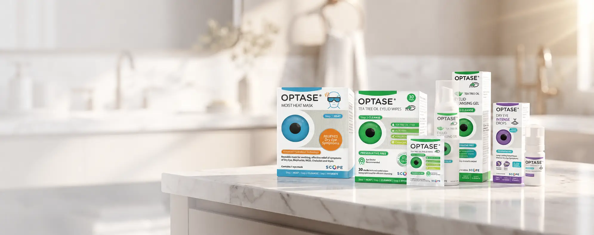OPTASE bathroom banner with 30 count eyelid wipes